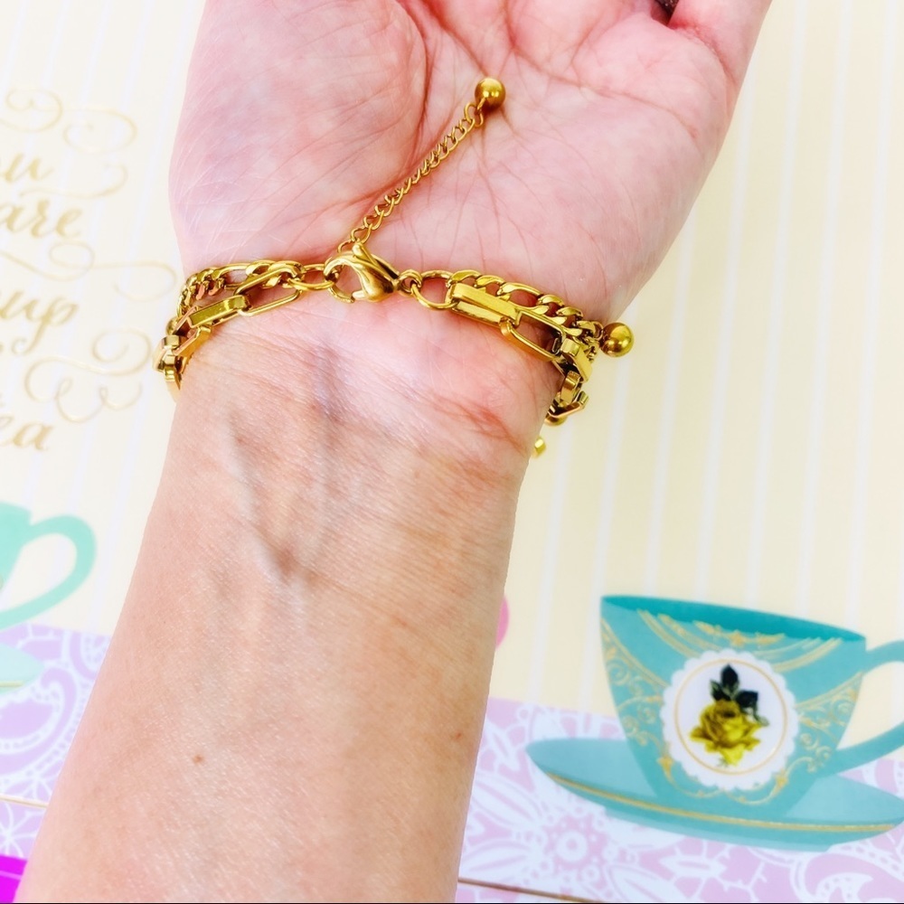 Double Heart Double Chain Gold Tone Charm Bracelet - Picture 3 of 5